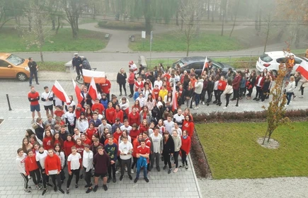 Grupowe zdjęcie na uczestników biegu, osoby wyposażone w polskie flagi