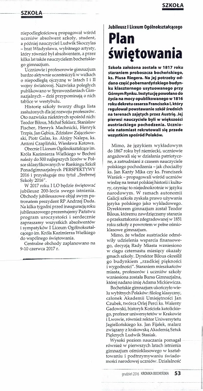 fragment artykułu w gazecie Kronika Bocheńska -Plan świętowania