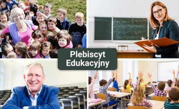 Reklama plebiscytu edukacyjnego - tablica, dzieci nauczyciele
